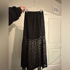 W/tags black midi/maxi skirt with lace detailing and sheer bottom half